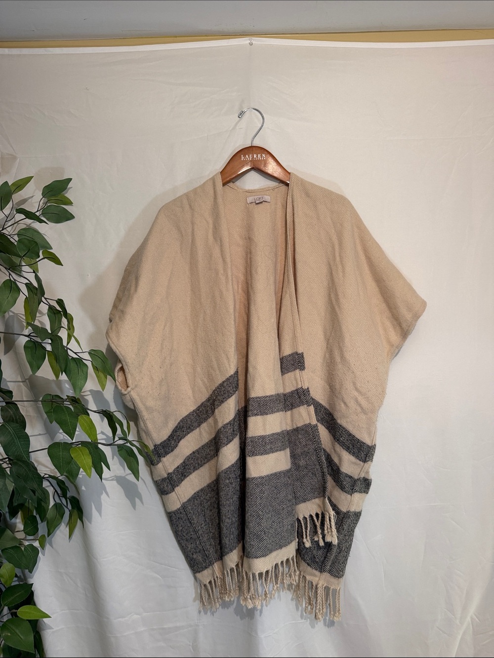 LOFT Beige and Charcoal Striped Fringe Poncho
